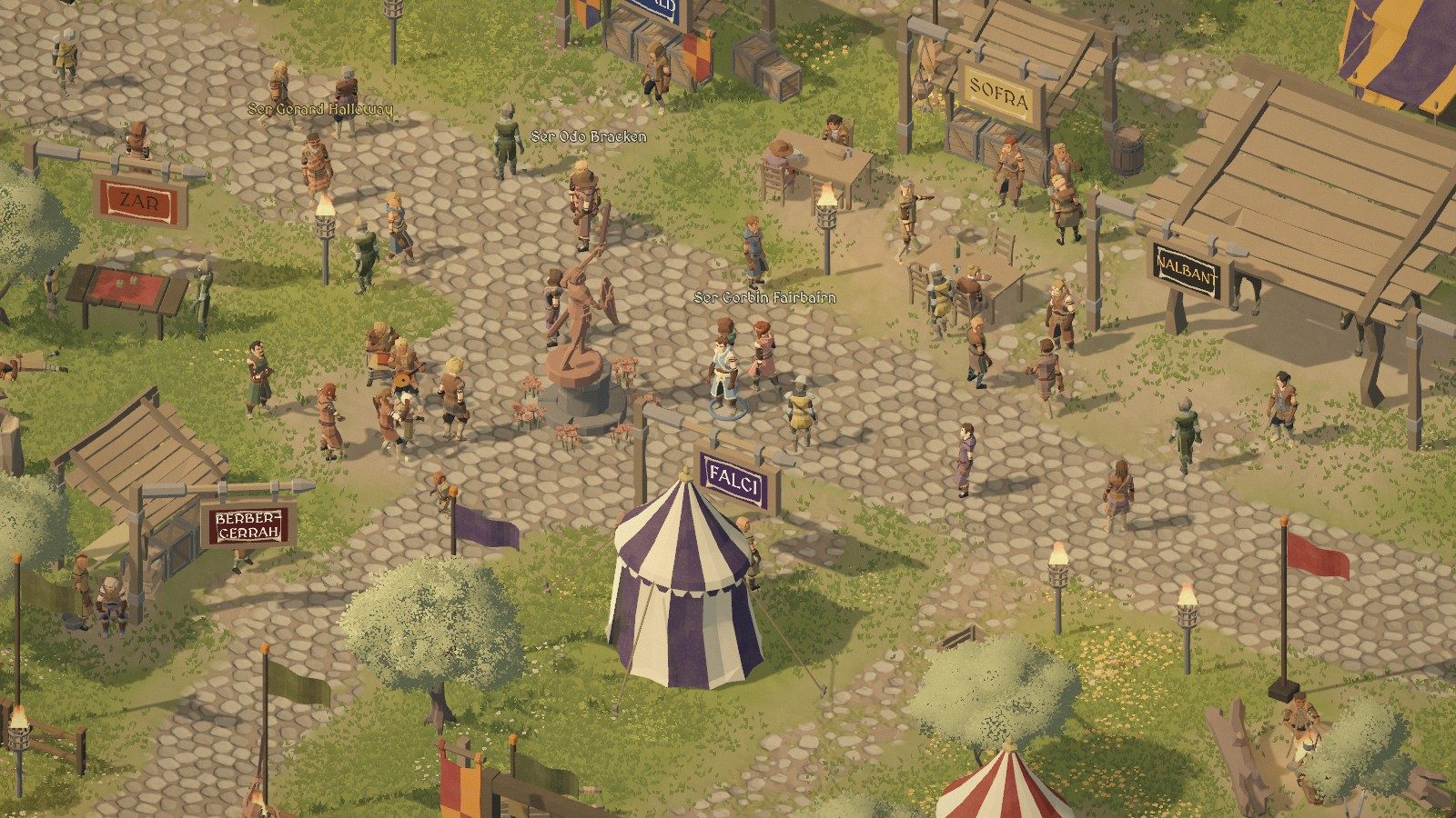 A busy tourney fair: tents, banners, stalls and townsfolk around the lists.