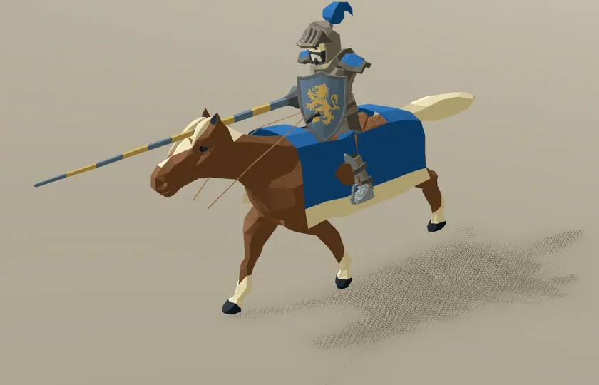 Animated: an armoured knight on a barded horse gallops with lance couched.