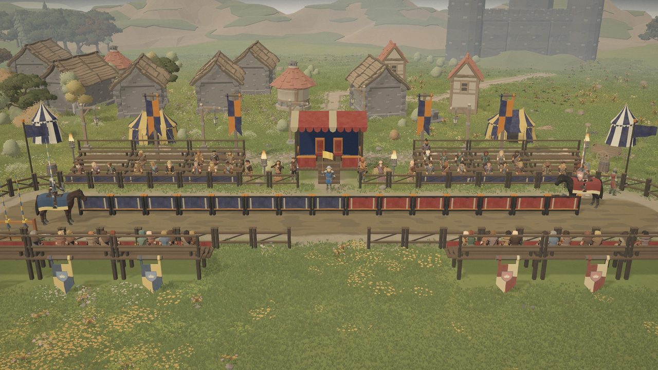 Two knights charge at each other down the tilt barrier of a crowded tournament ground.