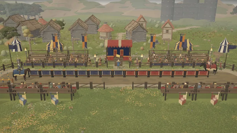 Two knights charge down the tilt in front of full stands.
