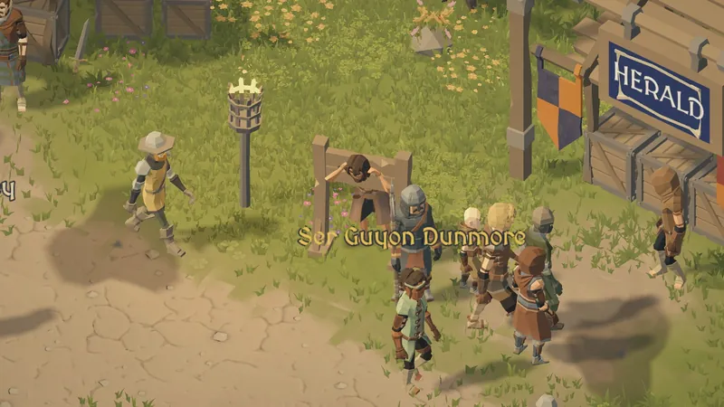 Townsfolk gather around a pillory at the fair.
