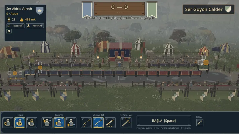 A joust in the rain under grey skies.